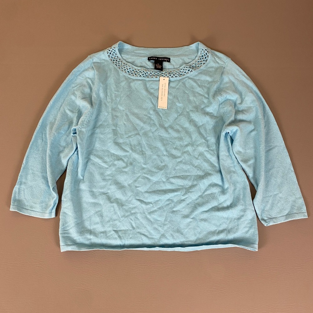 Vintage 90s Larry Levine Aqua Knit Top Beaded Neck 3/4 Sleeve Sweater XL USA NWT